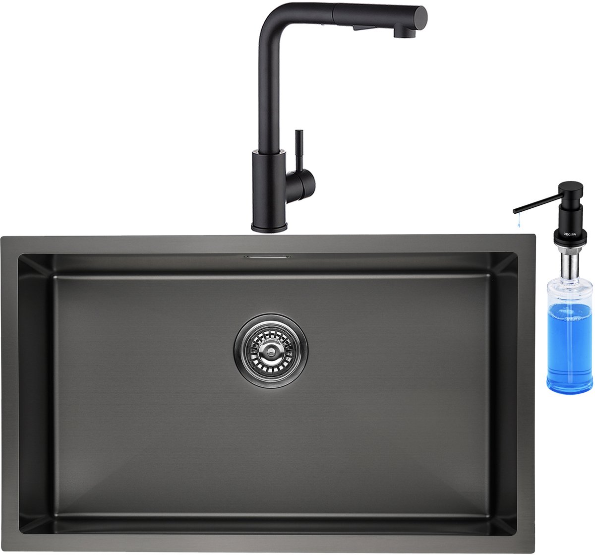 Lonheo max Spoelbak Keuken 74x44CM - Spoelbak Keuken Met Keukenkraan en Zeepdispenser 300ML - Geborstelde Spoelbakken Keuken - Spoelbak Met Afdruipgedeelte - Antraciet