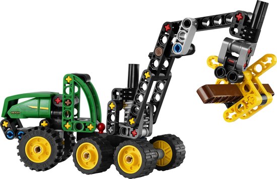 LEGO Technic John Deere 1470H bosbouwmachine, groen, zwart, gele wielen, met stam.