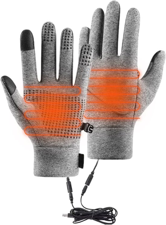 Een paar grijze verwarmde handschoenen met zichtbare verwarmingsspiralen en USB-kabel.