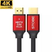Twee rode HDMI kabels met gouden connectoren. Een kabel heeft "4K ULTRA HD", "HDTV 2.0V 4Kx2K" opdruk. De andere "STOBE".