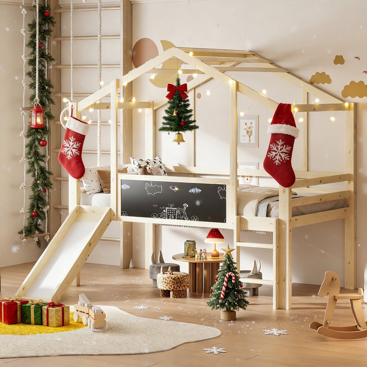 MODFU Bedframe 90x200 cm – Massief hout – Huisstijl met glijbaan & krijtbord – Ruimtebesparend – Kindvriendelijk Natuurlijk hout