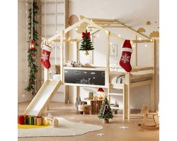 MODFU Bedframe 90x200 cm van massief hout, huisstijl met glijbaan en krijtbord, ruimtebesparend ontwerp