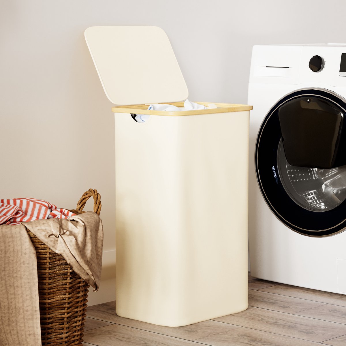 SpaceAid Wasmand Met Deksel - 110L Grote Kledingmand Met Bamboe Handvatten, Inklapbaar voor Slaapkamer, Badkamer, Studentenkamer & Waskamer (Beige)