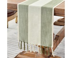 Tafelloper - Tafelkleed - Tabel loper - Tafelkleden - Tafelloper van katoen linnen - Tafelkleed Feest - Tafeldecoratie - Jute tafelloper met kwastjes voor tafeldecoratie - Voor Feestdecoraties - Groen - 33*120cm