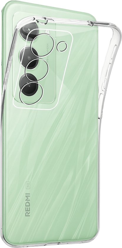 Téléphone à motif vert dans une coque transparente, vu de côté.