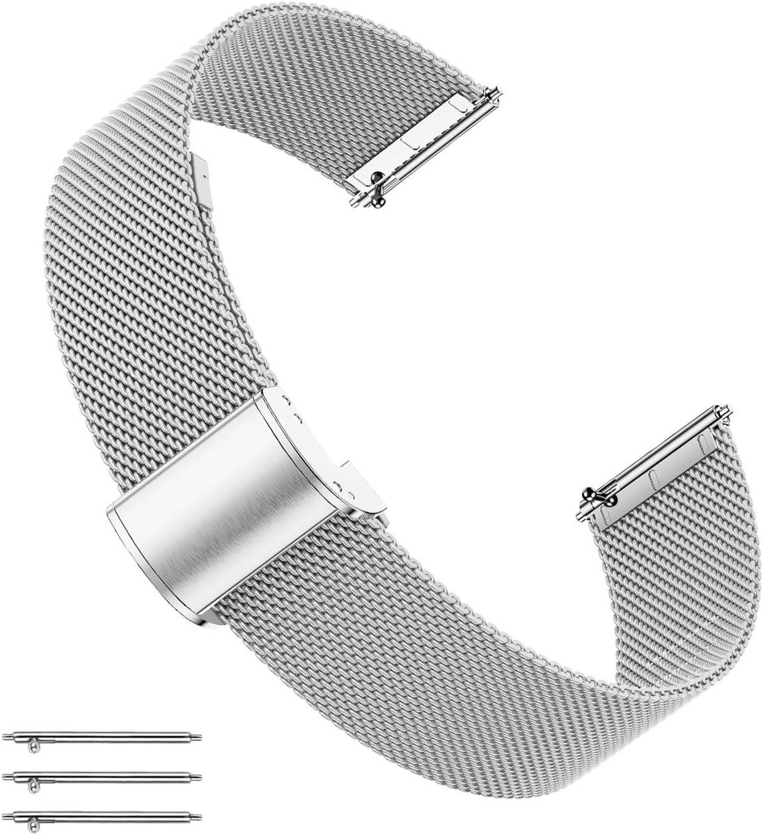 Cosensi - Mesh Horlogebandje 18mm Zilverkleurig Roestvrij Staal Snelsluiting - Dames Heren Smartwatch Polshorloge - Vervangende Armband Standaard