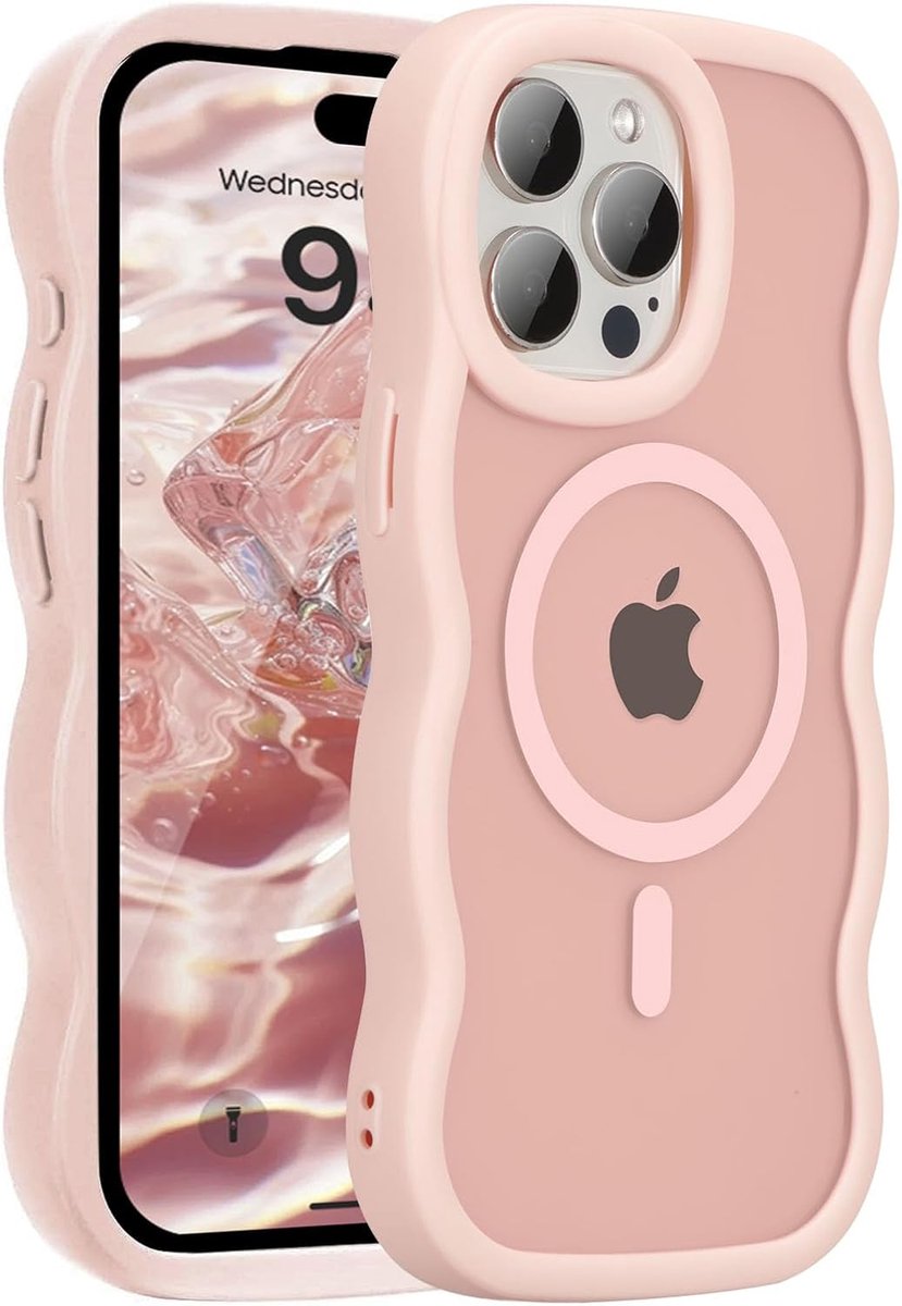 YPCd MagSafe Hoesje Geschikt voor Apple iPhone 16 Pro Max – Shockproof TPU – Curly Wave Backcover – Anti-Slip – Roze