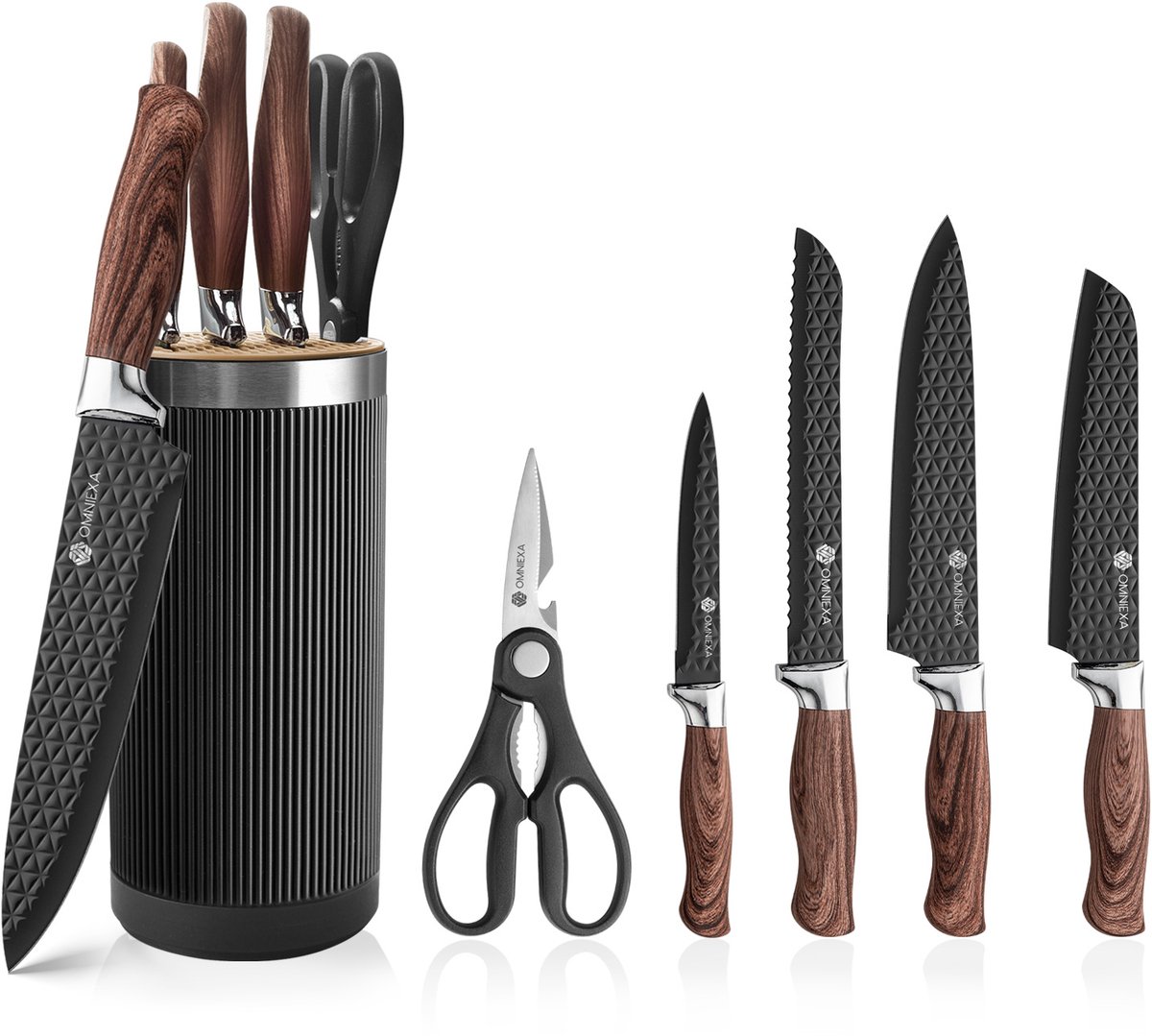 OMNIEXA OnyxWood Messenblok Zwart - 6-Delig - RVS Messenset met Houtlook - Incl. Santokumes & Schaar - Non-Stick Diamant Coating - Luxe Keukenmessen