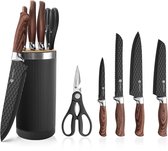 OMNIEXA OnyxWood Messenblok Zwart - 6-Delig - RVS Messenset met Houtlook - Incl. Santokumes & Schaar - Non-Stick Diamant Coating - Luxe Keukenmessen