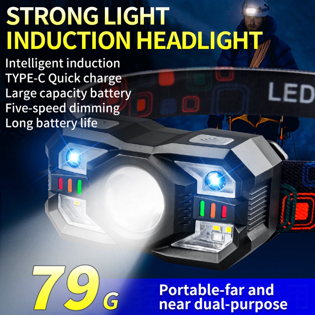 Heldere koplamp, sensorhoofdlamp, fluorescentie, gekleurd, USB-oplaadbaar, voor nachtloop buitenshuis, LED-verlichting hoofdlamp, werkhoofdlamp