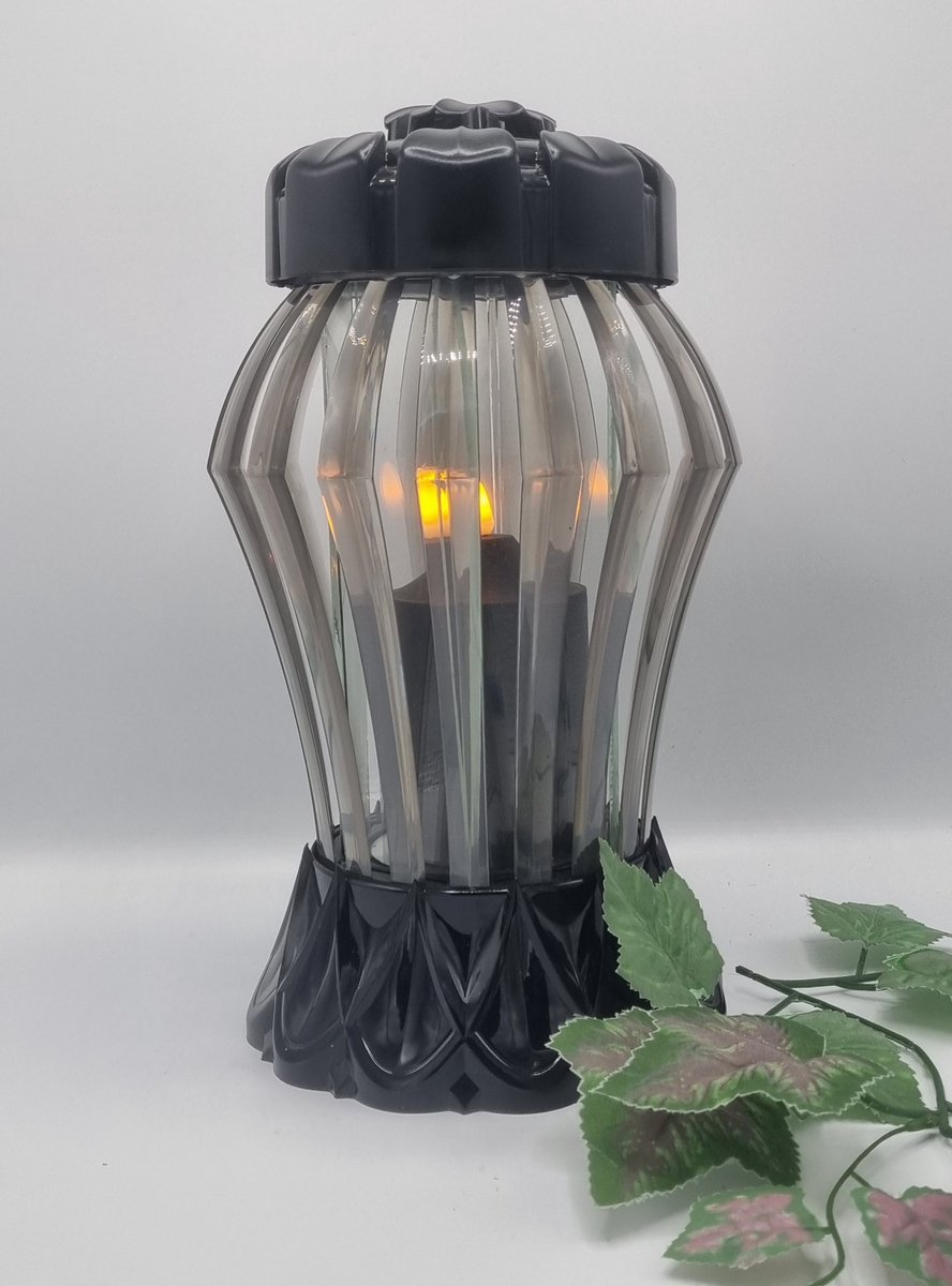 Lubema Herdenkingslicht - L22 - Zilver - Zwart - Spiegeltje - Led Zwart - Timer (8h aan 16h uit) - Grafkaars – Graflicht – Graflantaarn – Grafdecoratie - Windlicht