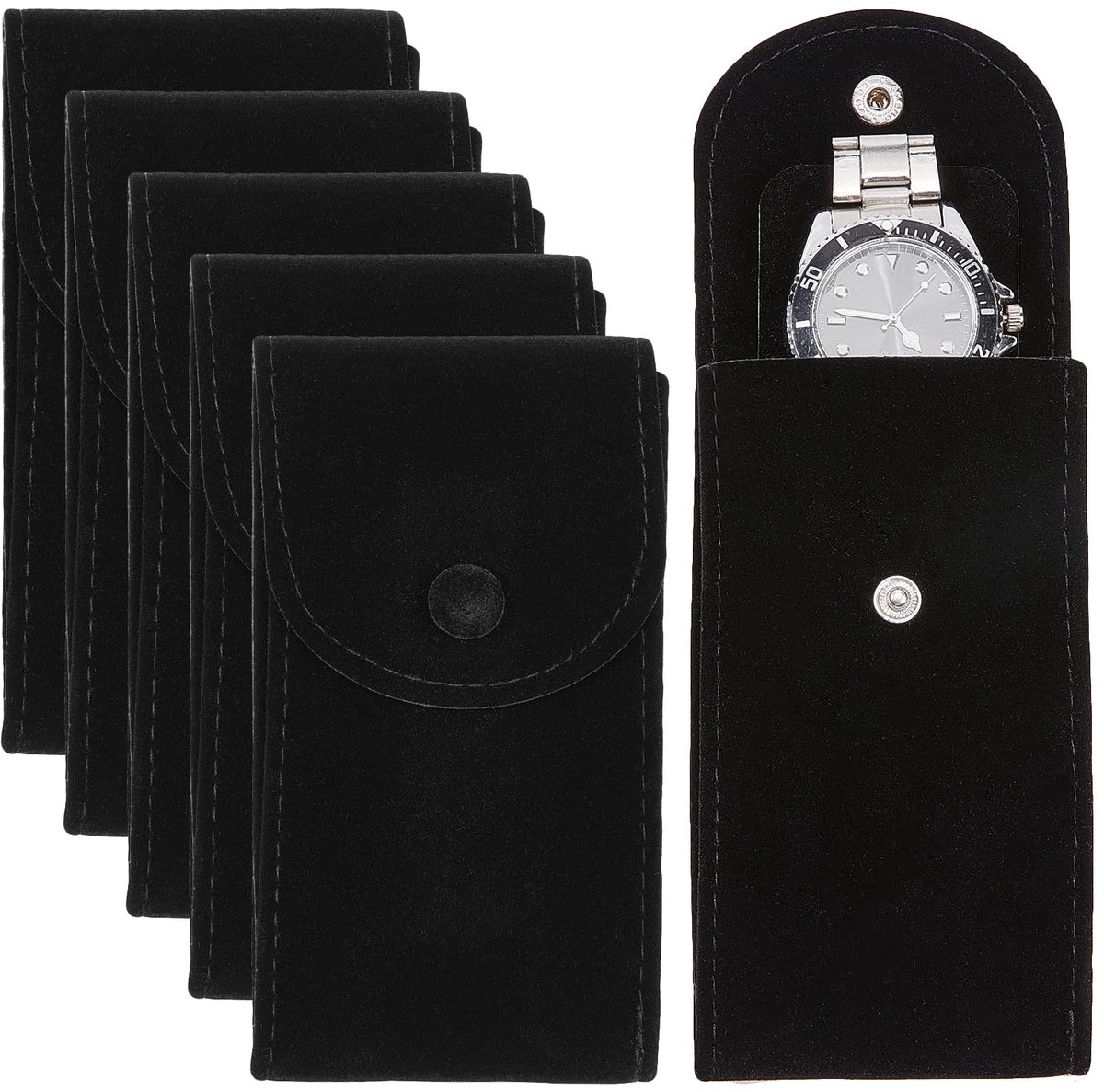 stuks fluwelen horlogetas, draagbare reistas voor één horloge, opbergtas voor horloges, luxe cadeautas met drukknop voor sieraden, horloge-organizer, zwart, 13 x 6,5 cm