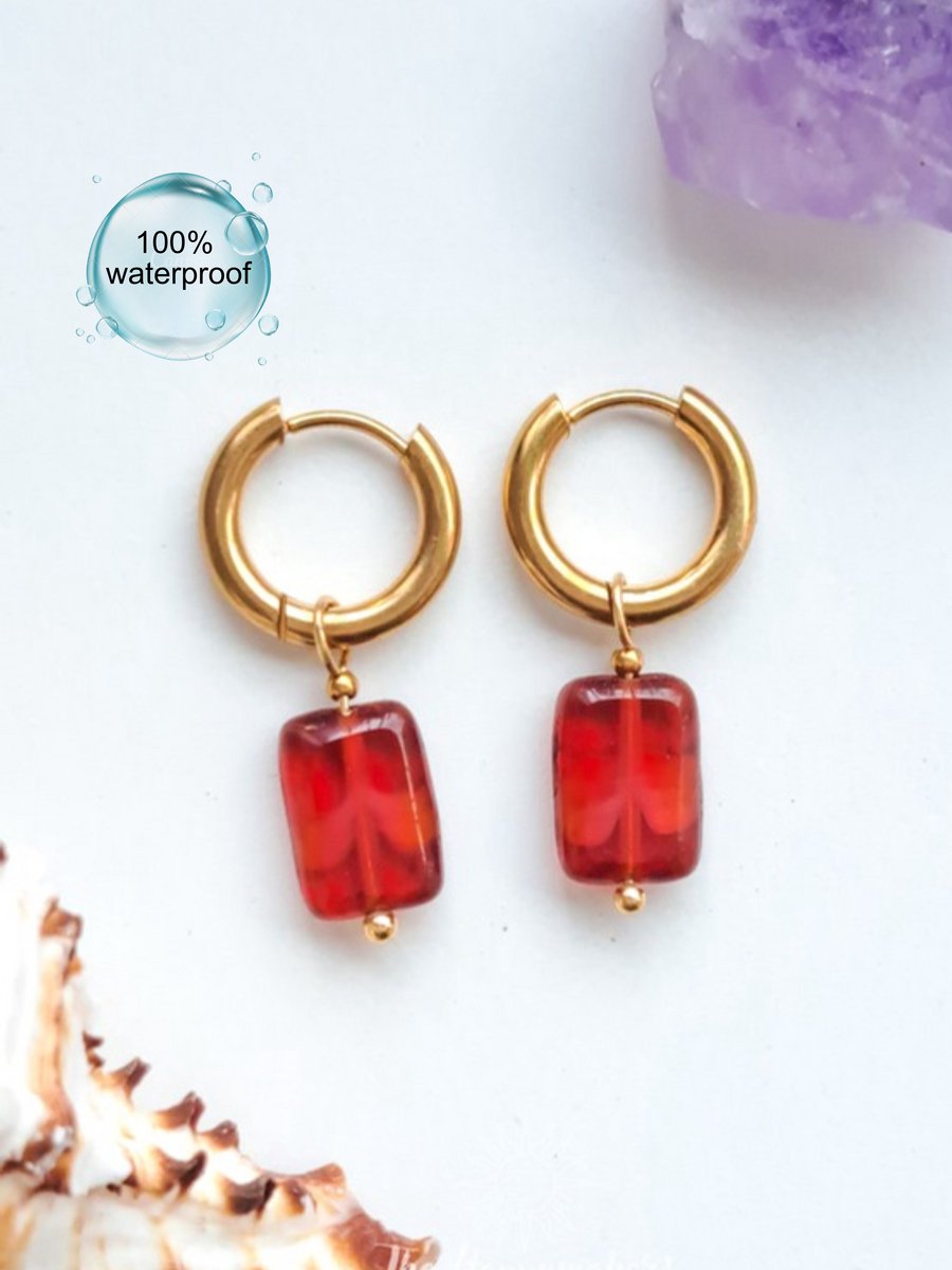 Oorbellen van glaskralen, rood, stainless steel 100% waterproof, rood, handgemaakt