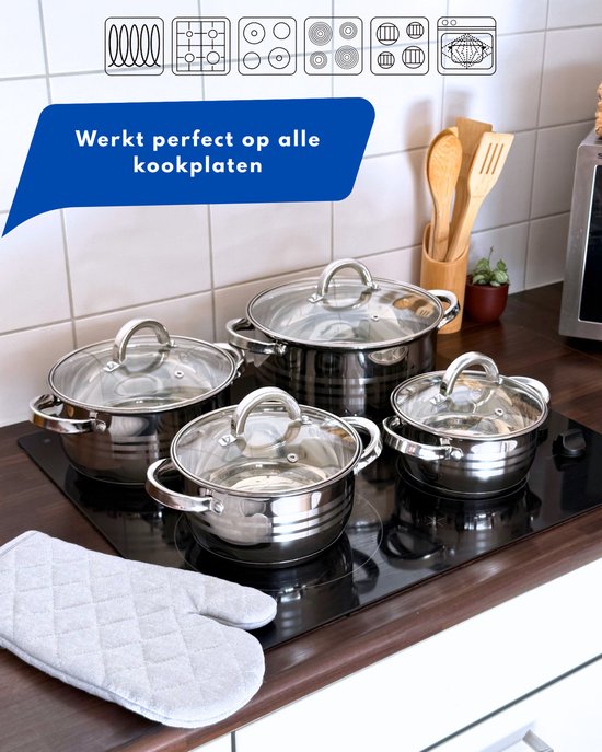 Bavary Pannenset – 6-delig Cookware Set – Roestvrij Staal 18/10 – Inductiegeschikt – Supercapsule Bodem – Stapelbaar – Met Hittebestendige Glazen Deksel – Werkt op Alle Kookplaten
