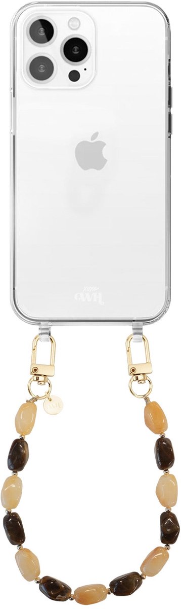 xoxo Wildhearts telefoonhoesje geschikt voor iPhone 12 Pro Max - Amber Dust (kort koord) - siliconen hoesje met koord - Backcover met telefoonkoord - Telefoonhanger stenen ketting - Beige / Bruin