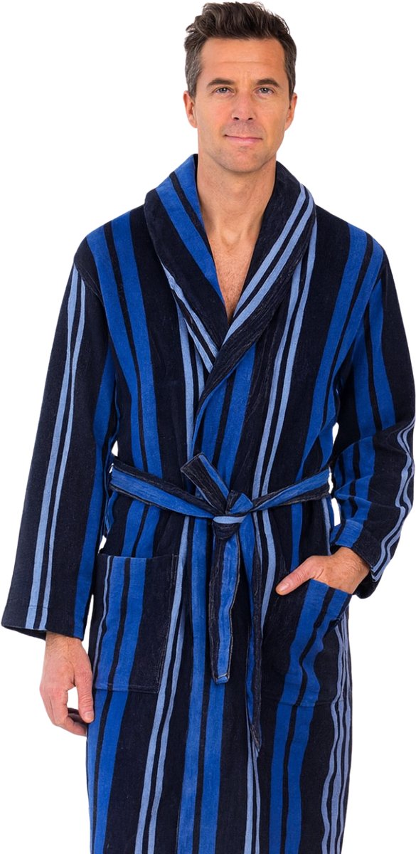 Luxe badjas van katoen - blauw strepen - sauna - sjaalkraag badjas heren - maat L/XL