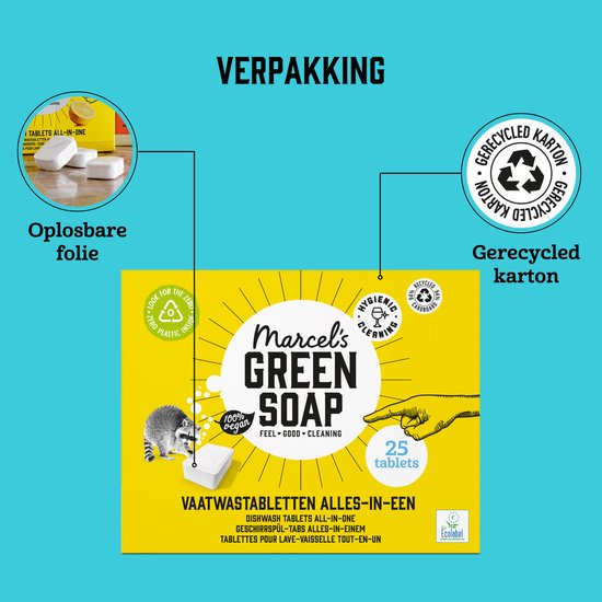 Gele verpakking met 25 vaatwastabletten, 'Oplosbare folie' en 'Gerecycled karton' logo.