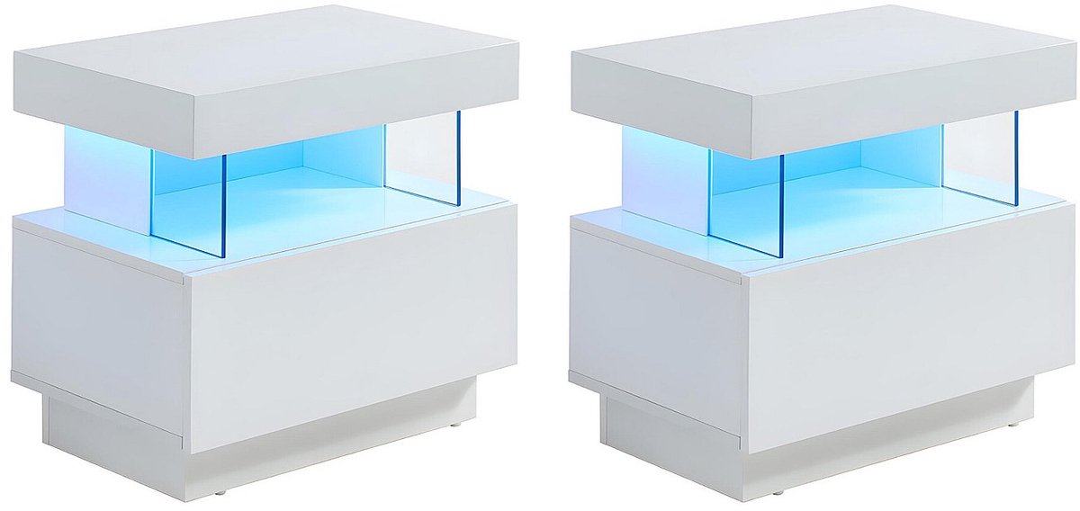 Vente-unique Set van 2 nachtkastjes met 1 lade en 1 nis - Met ledverlichting - MDF - Wit gelakt - FABIO II