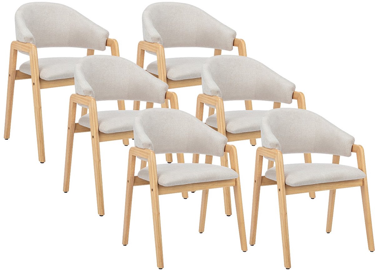 Vente-unique Set van 6 stoelen met stoffen en rubberhouten armleuningen - Beige en naturel - SOLUNA