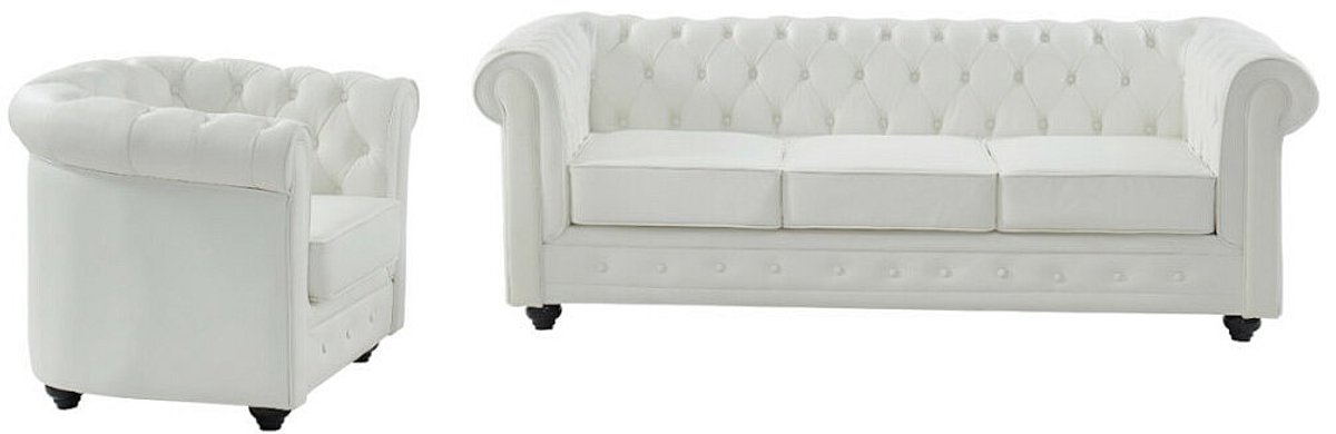 Vente-unique Driezitsbank en fauteuil van buffelleer CHESTERFIELD - Wit