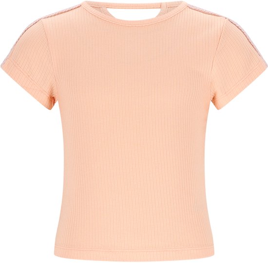 Lichtroze, ribgebreid T-shirt met korte mouwen en opengewerkt detail bij de nek.