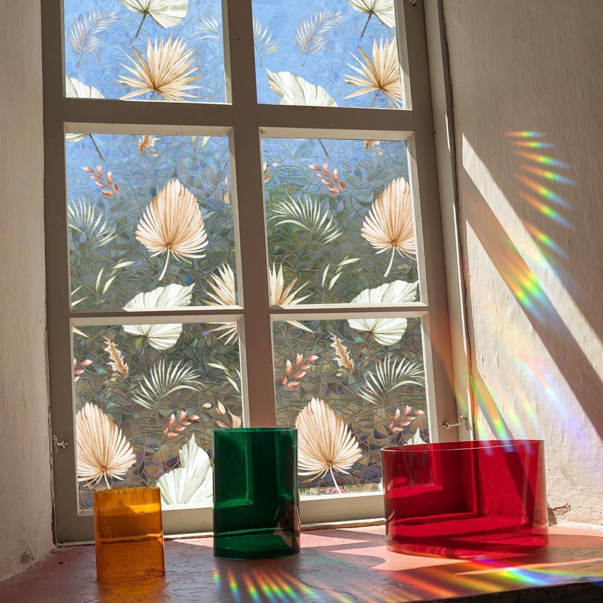 Cosensi Raamfolie regenboog boho palmbladeren 3D decoratieve vinyl glas-in-lood plantenbladstickers statische sticker niet-klevend 40 x 101,6 cm