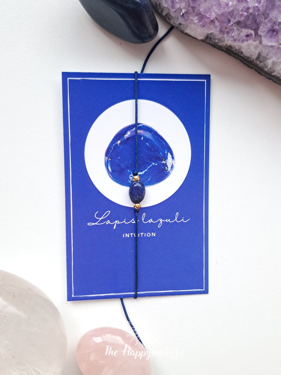 Wensarmband edelsteen lapis lazuli, intuïtie, verstelbaar, stainless steel, handgemaakt, goudkleurig