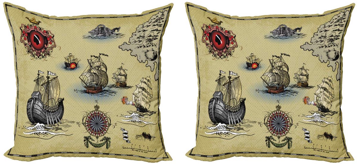 ABAKUHAUS Kompas kussenhoes – antieke piratenkaart – dubbelzijdig 40x40 cm Beige