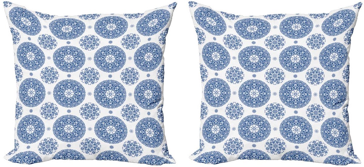 ABAKUHAUS Jaargang Kussenhoes Set – Vintage blauw-wit, dubbelzijdig digitaal bedrukt, rits, 45 cm Blauw Wit