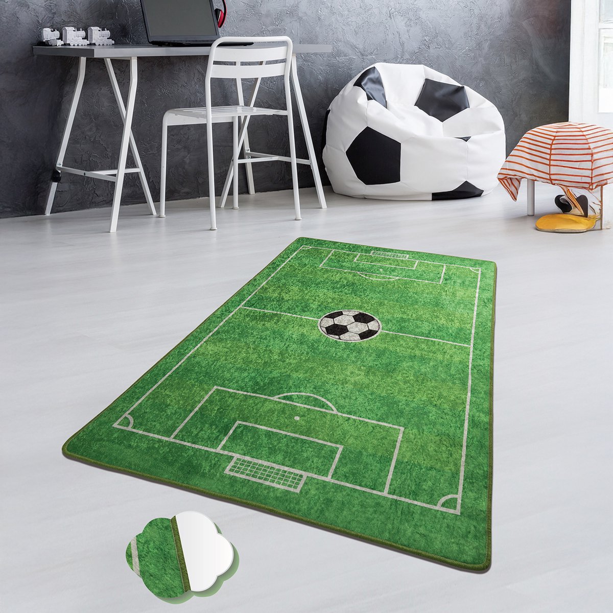 Bosdela Wasbaar kinder- en babykleed, 100x160 cm, ideaal voor kinderkamers, speelkamers en kruipmatten voetbalveldpatroon Voetbal