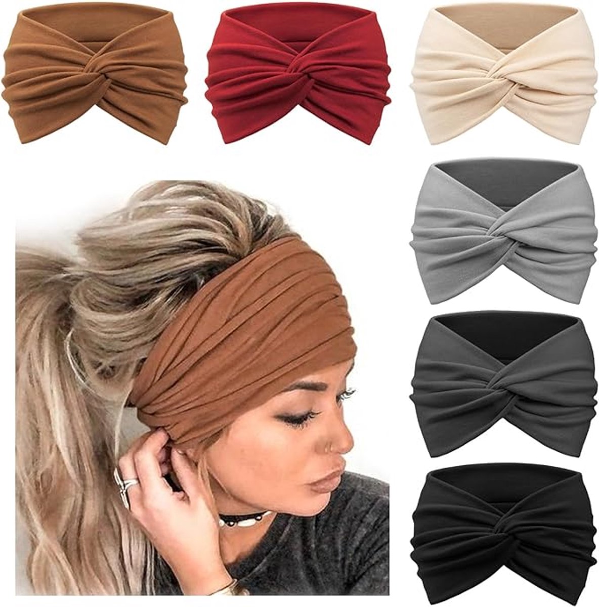 Famanu - 6-pack brede haarbanden dames, extra grote turban headwraps, elastische gedraaide knot haarbanden