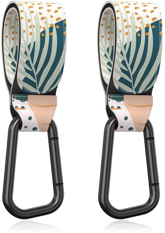 Twee sterke metalen karabiners met beige en crèmekleurige bandjes in een abstract bladmotief.