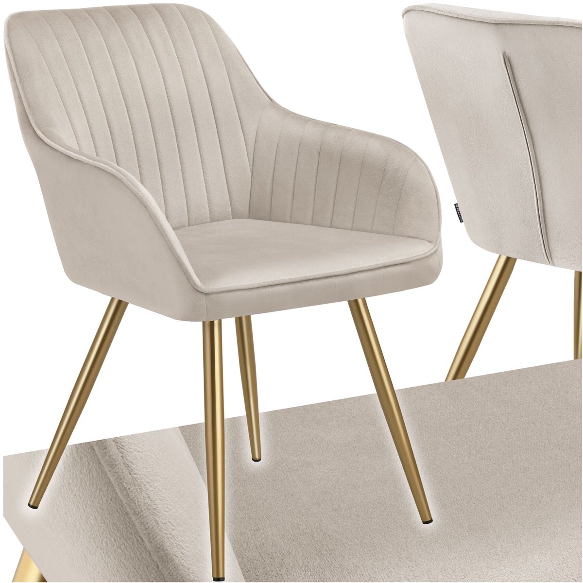 Tectake Eetkamerstoel Marilyn - Gestoffeerde Stoel in Fluweellook - Doorgestikt - Zwarte Stoelpoten - Ergonomische Keukenstoel - Met Doorlopende Rugleuning en Armleuningen - Stoel voor Woonkamer, Eetkamer, Slaapkamer - Taupe