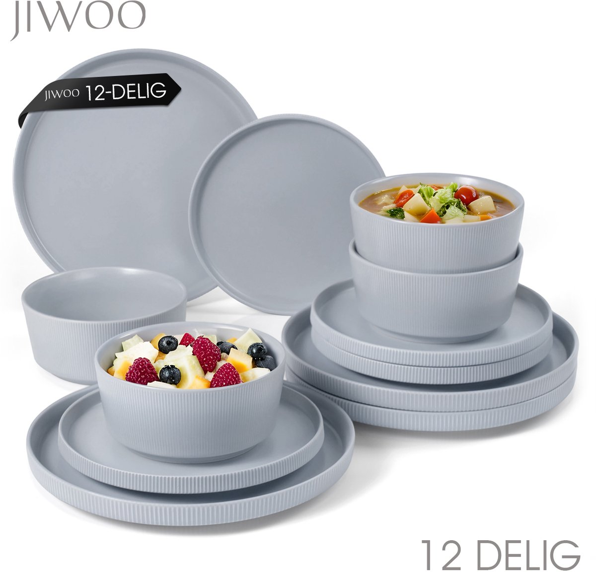 Serviesset 12-Delig, Dinnerset 4 Persoons, Geschikt voor familiefeesten, banketten, restaurants, feest, Horeca en picknicks, Magnetron-vaatwasserbestendig, Keramiek