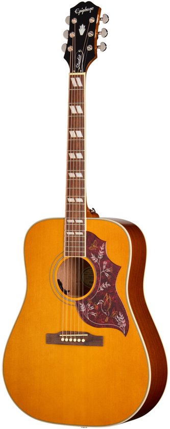 Akoestische gitaar met Epiphone logo, 'Studio' tekst, parelmoer inleg op de toets en natuurlijke kleur.
