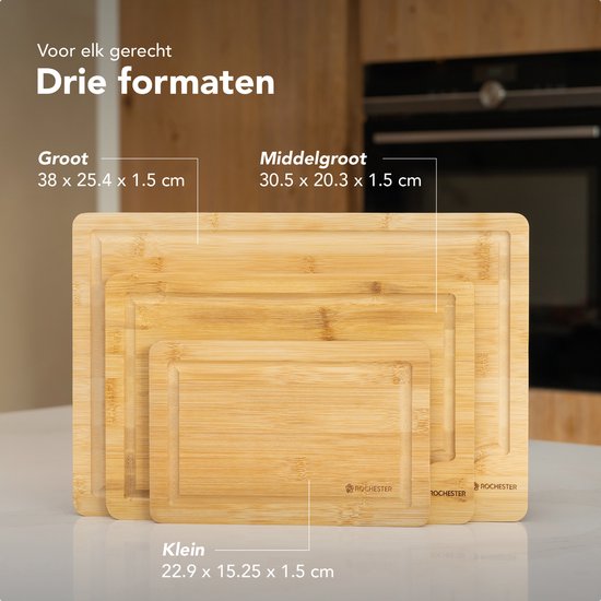 Rochester Planches à Découper en Bois – Plateau Apéritif – Planche de Service - Lot de 3 – Bambou Organique – Design Luxueux – Hygiénique et Durable