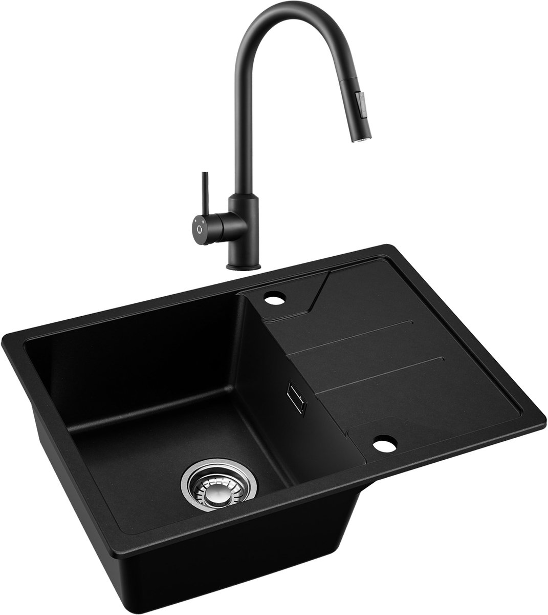 DERW MAX Granieten Spoelbak voor keuken 65x45cm - Enkele Spoelbakken Met Keukenkraan - Onderbouw Spoelbak Zwart - Met Planchet en Waterafvoersysteem - Voor 45 cm Kast