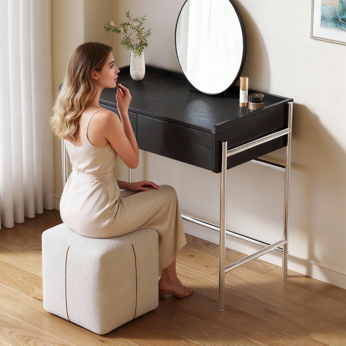 Guyii Moderne Make-uptafel met 2 Lades – Houten Kaptafel 90 cm – Cosmetica Organizer – Slaapkamer Bureau – Zwart
