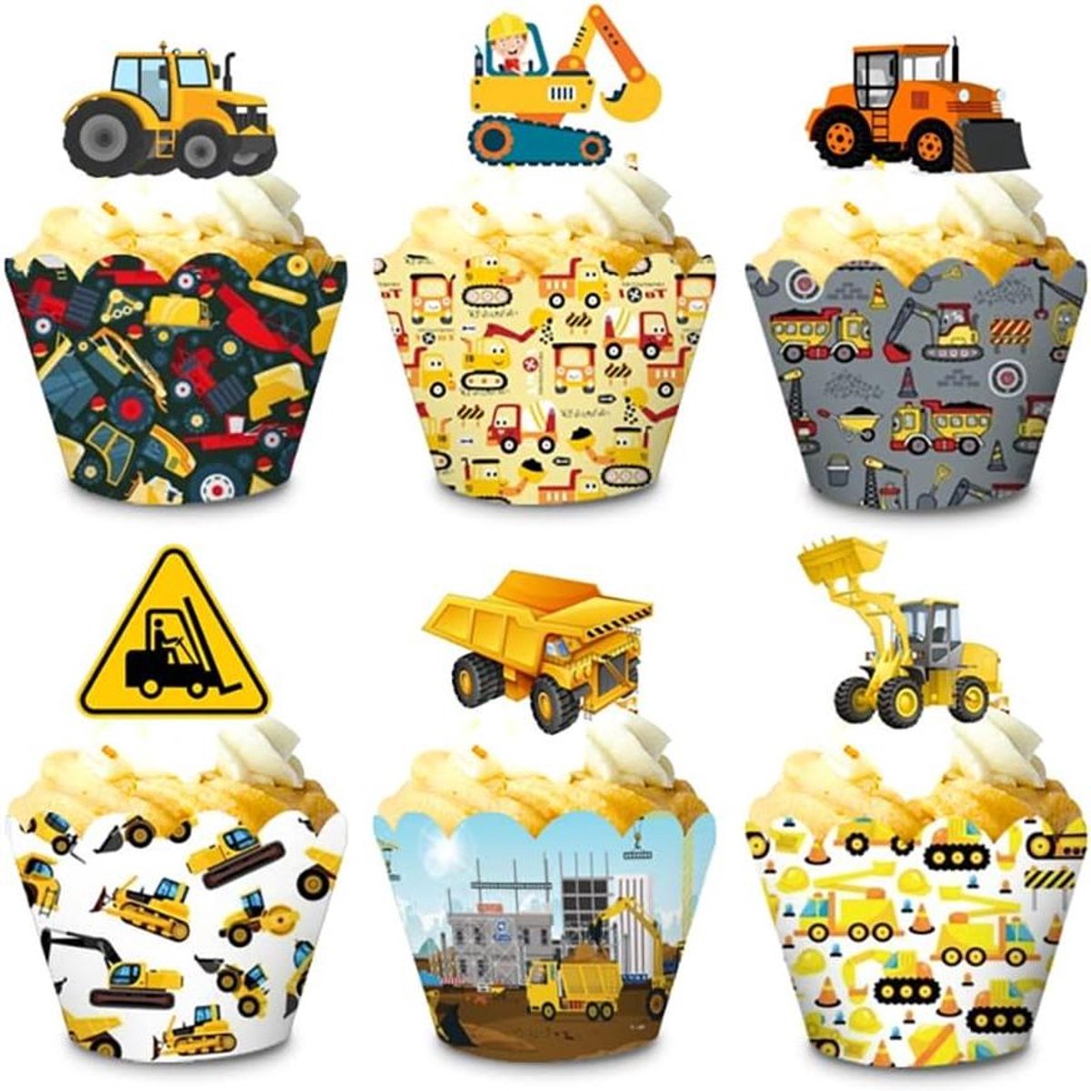 Cosensi - Cupcake Toppers en Wrappers Set van 24 stuks Tractor Digger Truck Vorkheftruck Dump Bulldozer Road Roller Engineering Thema Kinderen Jongens Gelukkige Verjaardag Baby Shower Feestdecoratie gadgeds