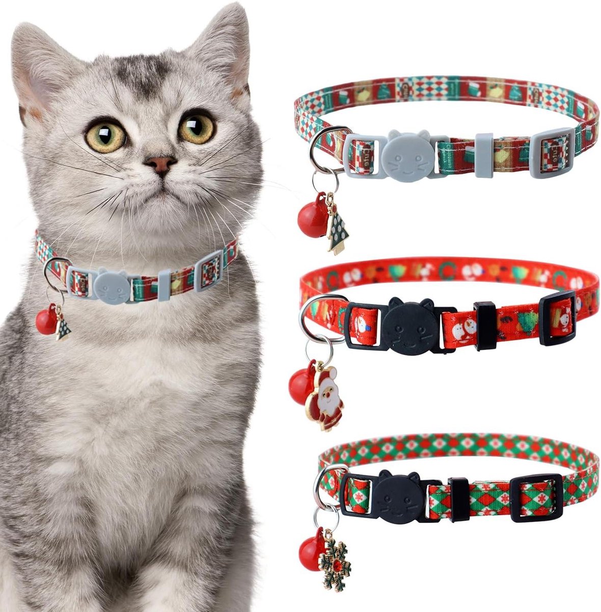 Cosensi - Kerst Kattenhalsbanden Set van 3 stuks - Kerstman, Sneeuwvlok, Kerstboom - Verstelbare Kattenhalsbanden met Snelsluiting - Geschikt voor Kitten en Kat
