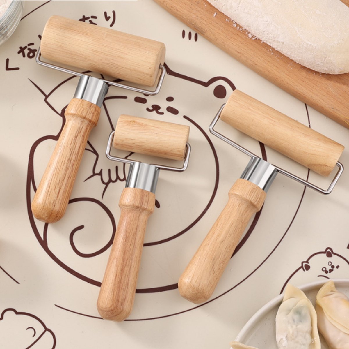 Deegroller - Dubbelzijdige houten deegroller -Driedelige set - handbakgerei - Gladde antiaanbaklaag - Geschikt voor het bakken van deeg, fudge, pizza, koekjes, brood