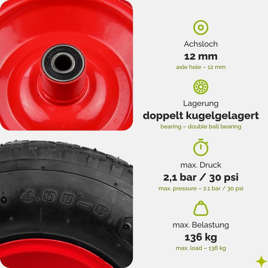 GARRONDA 2-pack zwart-rood - Vervangwiel Kruiwagen 4.00-6 Kruiwagenwiel Ø 320 mm Luchtband 2PR Band tot 90 kg met As Stalen Velg Kogellager voor Tuinwagen Erf Bouwplaats GD-0163, Zwart-Rood van Merkloos	 — afbeelding 3