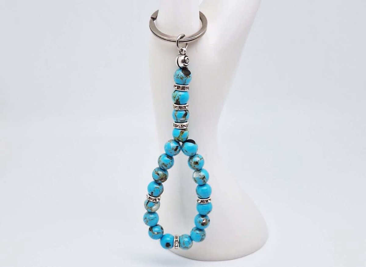Handgemaakte Tasbih sleutelhanger van natuursteen " Turkoois Bakeliet" en metaal - diameter kralen 8mm - Aantal stenen 20 - Een mooi cadeau-idee en een bijzonder aandenken