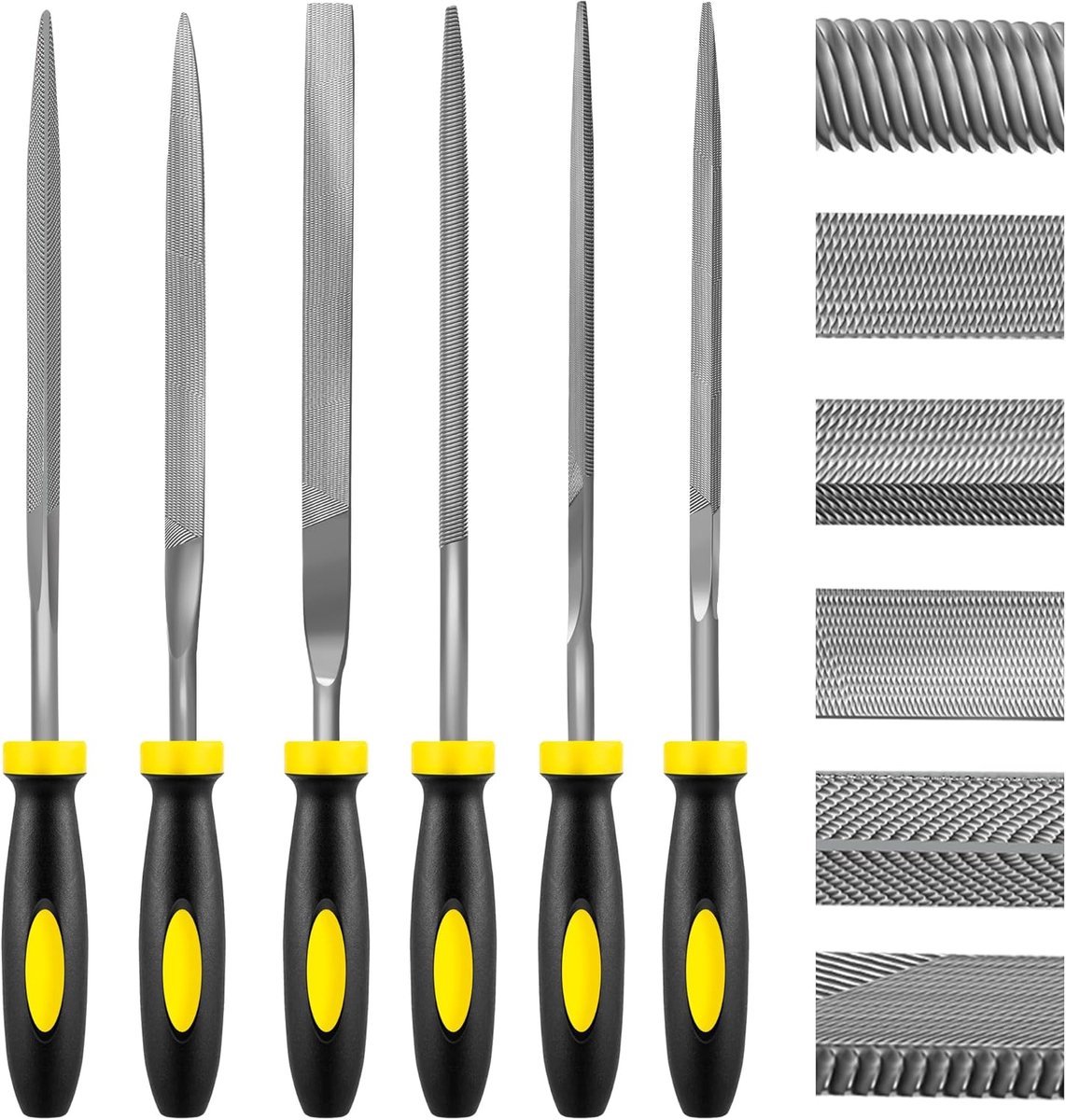 Set van 6 metalen naaldvijlen - gehard gelegeerd staal, inclusief platte