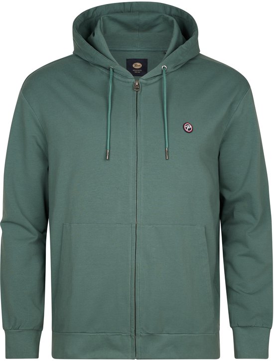 Groene hoodie met rits, borst met logo, op witte achtergrond.