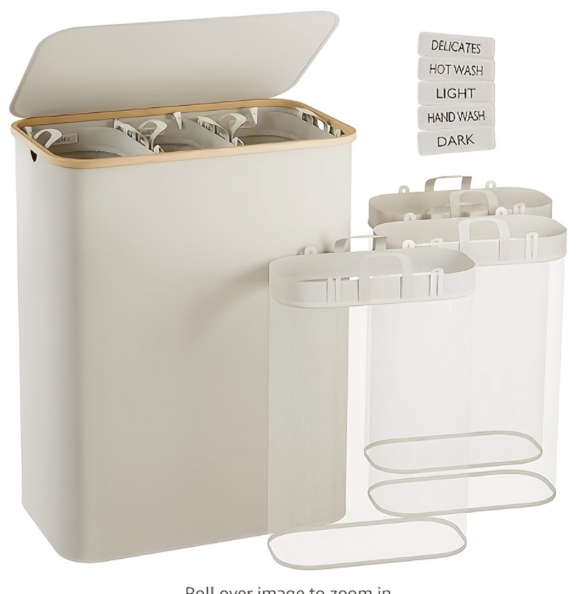 160L Opvouwbaar Wasmand,met 3 uitneembare zakken,Wassorteerder - wasmand - Melk wit