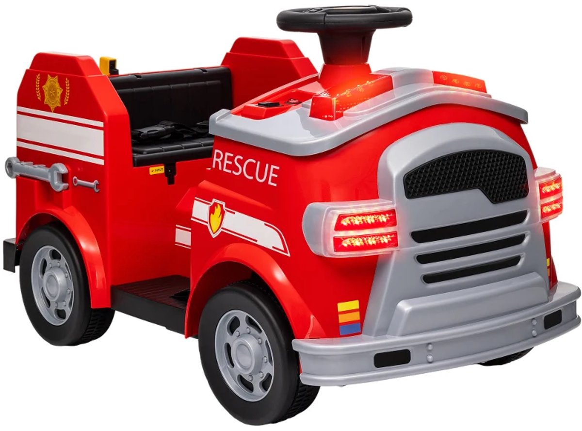 Elektrische Brandweerwagen - Kinderauto - 12V Accu - tot 3 km/u - Kinderen 3-5 jaar - met Sirene, Zwaailicht & Gereedschap - Muziek & Claxon - Kindervoertuig - Accuvoertuigen - Rood