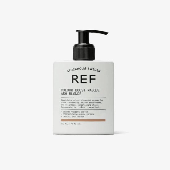 REF Colour Boost Masque Ash Blonde. Vierkante witte fles met zwarte pompdispenser.