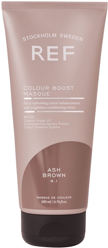 Lichtbruine tube met REF Colour Boost Masque Ash Brown. Bruine vlek.