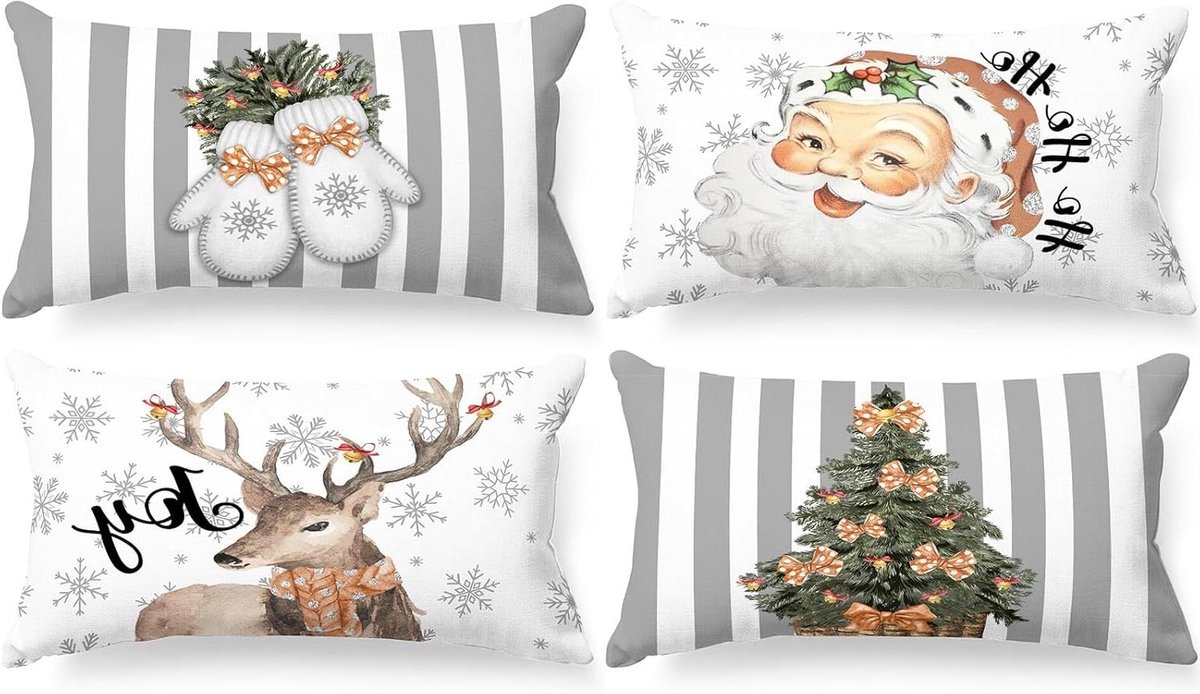 Cosensi Witte en grijze vintage kerst kussenslopen 30x50 set van 4 met decoratieve retro kerstman kussenhoezen voor thuis, slaapkamer en kerstdecoratie op de bank. Any